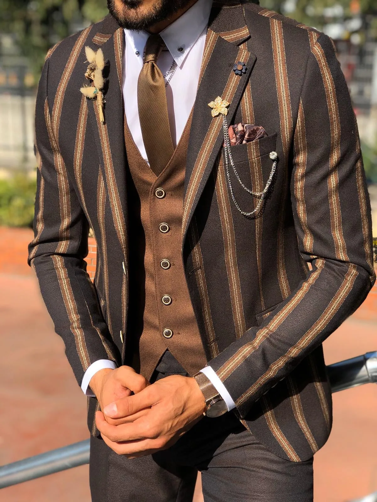 Lazi Slim-Fit Striped Suit Vest Brown