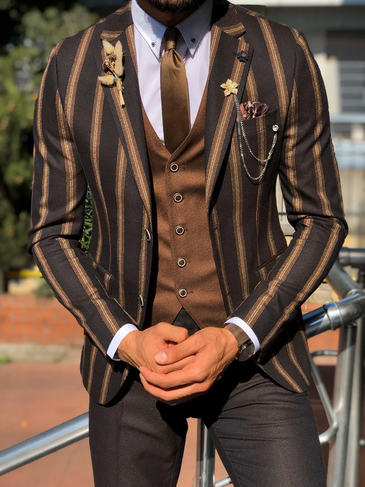 Lazi Slim-Fit Striped Suit Vest Brown