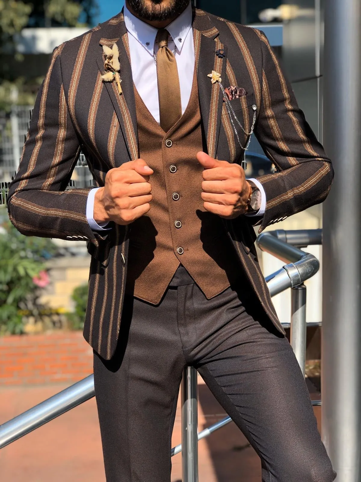 Lazi Slim-Fit Striped Suit Vest Brown