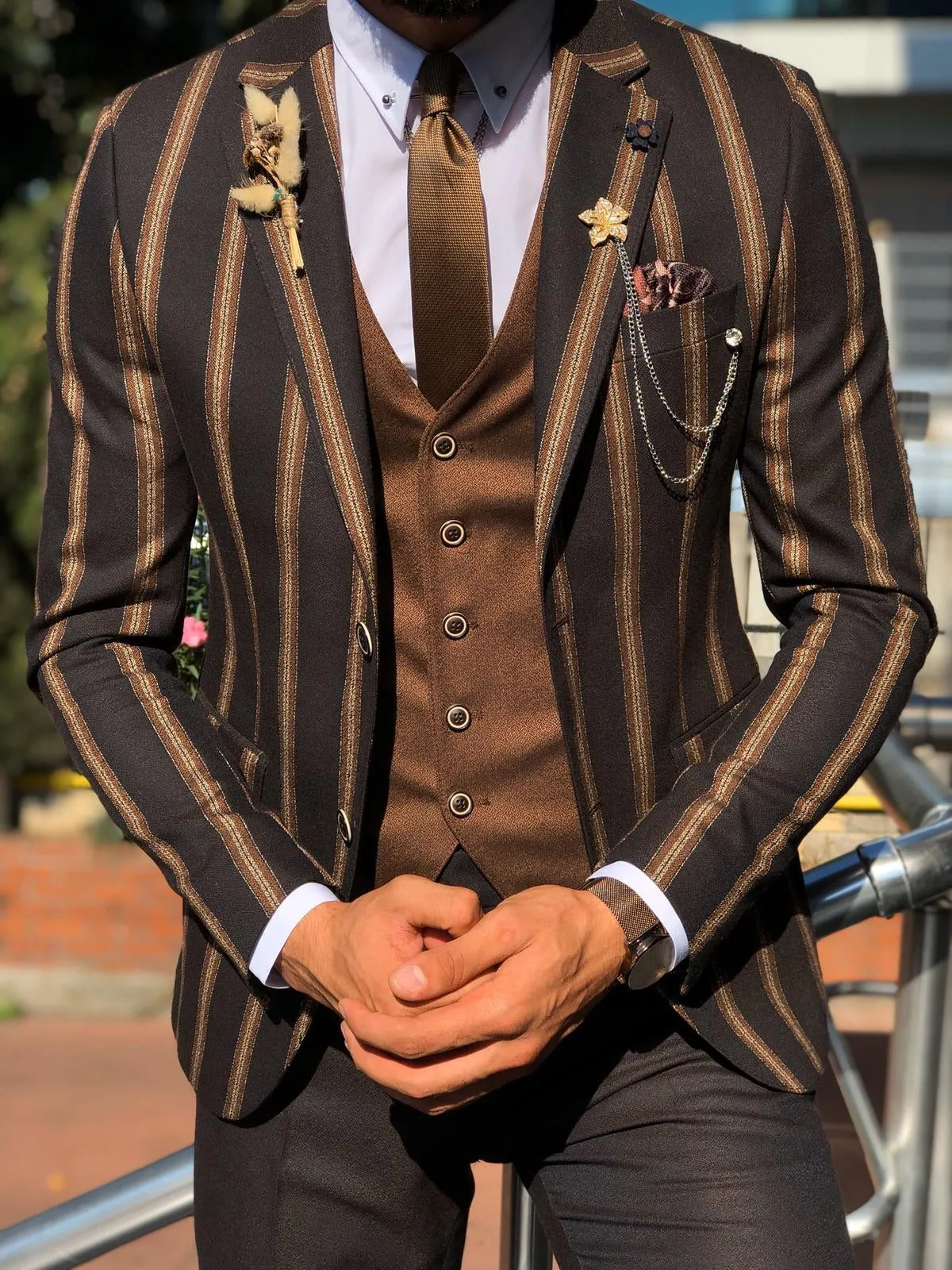 Lazi Slim-Fit Striped Suit Vest Brown