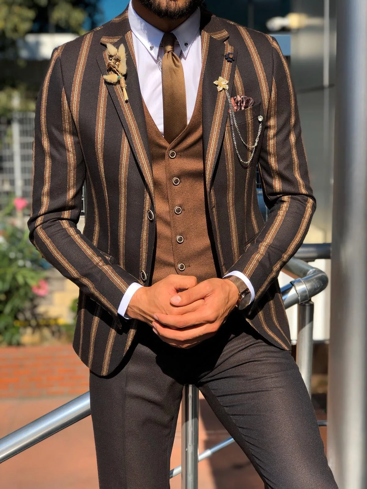 Lazi Slim-Fit Striped Suit Vest Brown