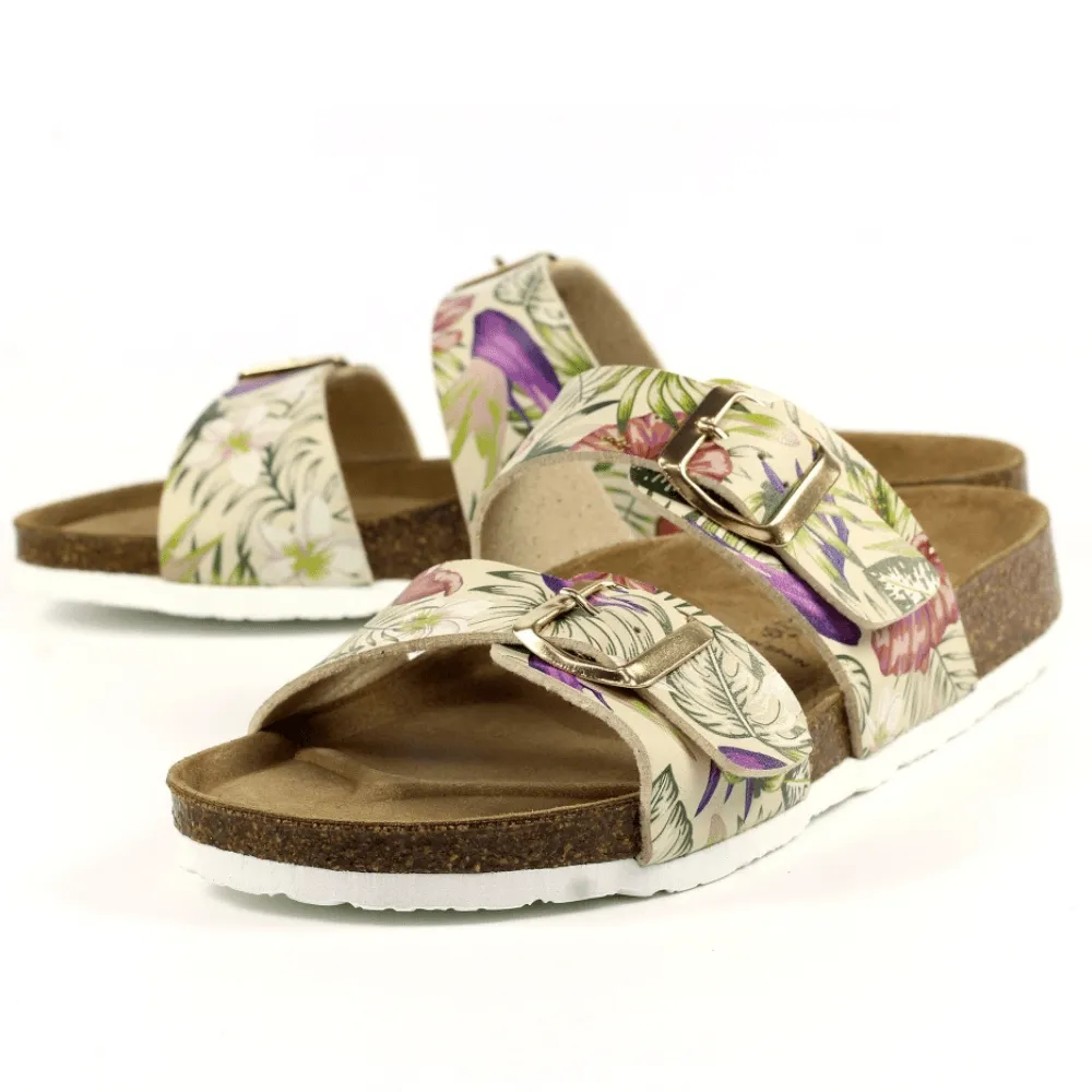 Lazy Dogz Location Beige Floral Double Buckle Mules