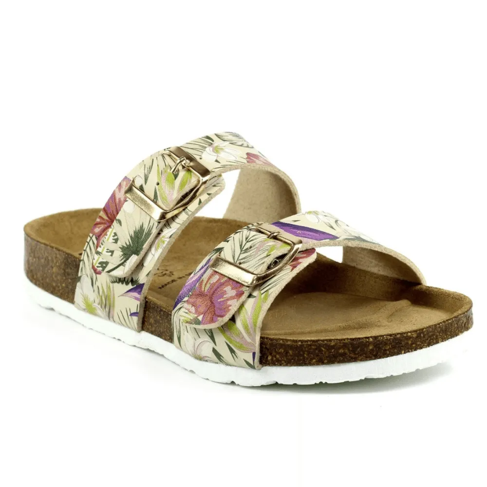 Lazy Dogz Location Beige Floral Double Buckle Mules