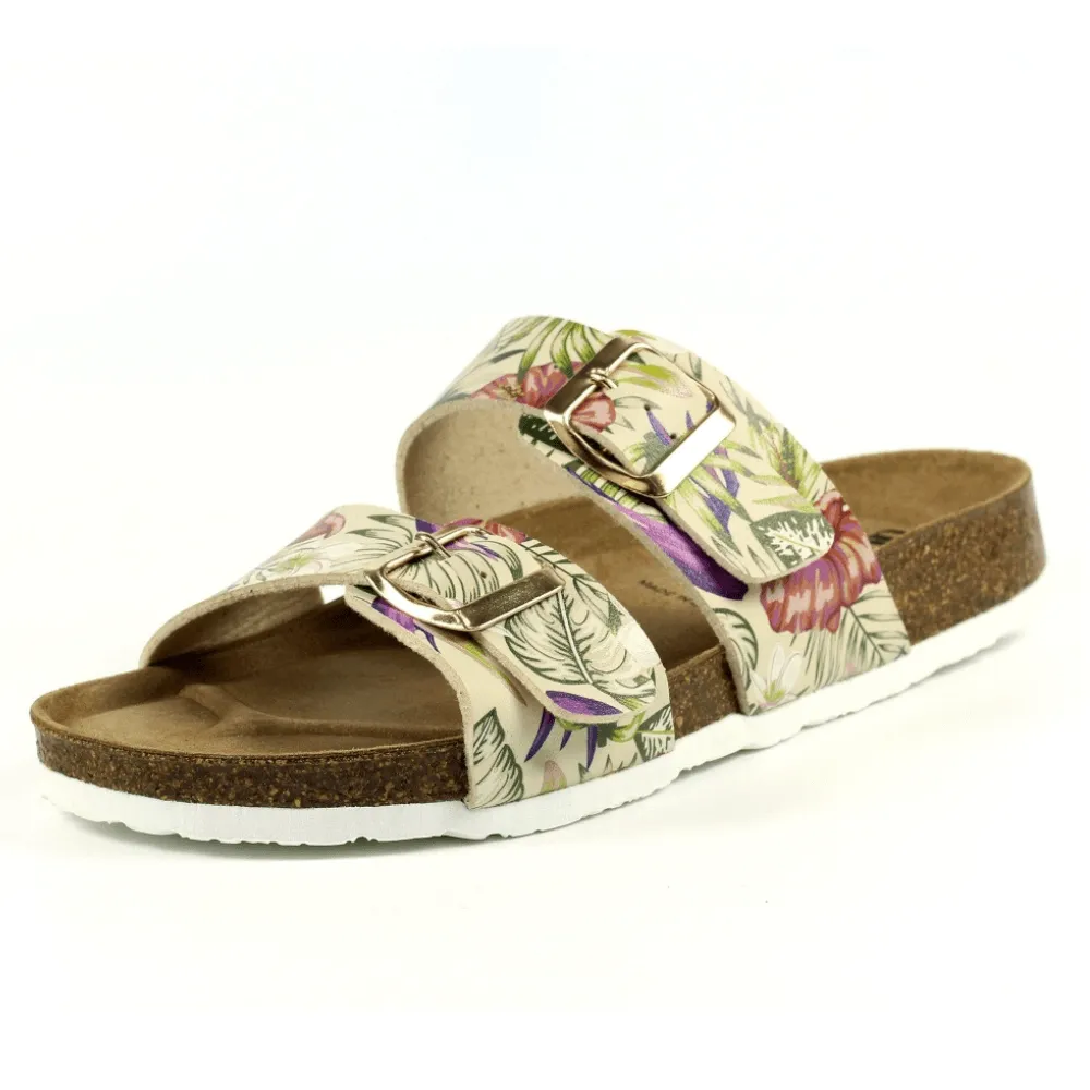 Lazy Dogz Location Beige Floral Double Buckle Mules