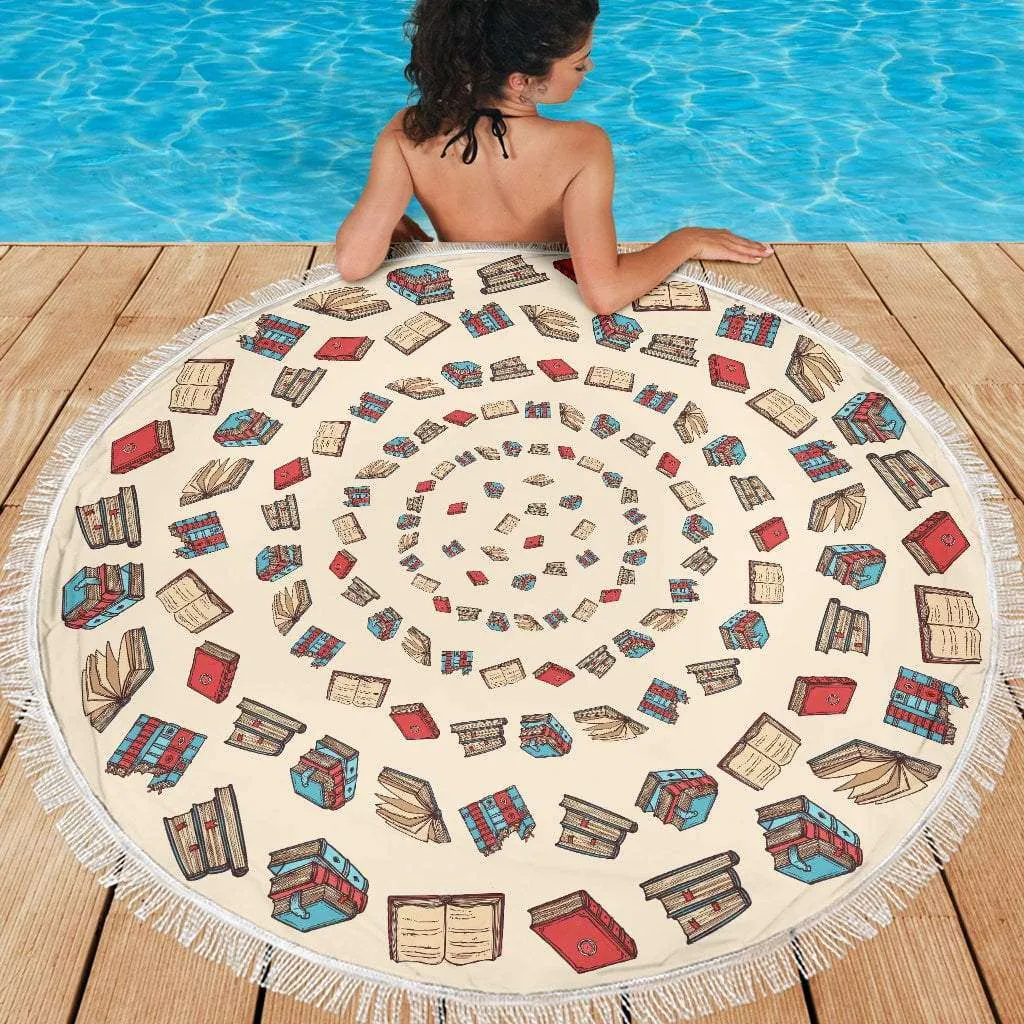 Light Brown Bookish Round Beach Blanket