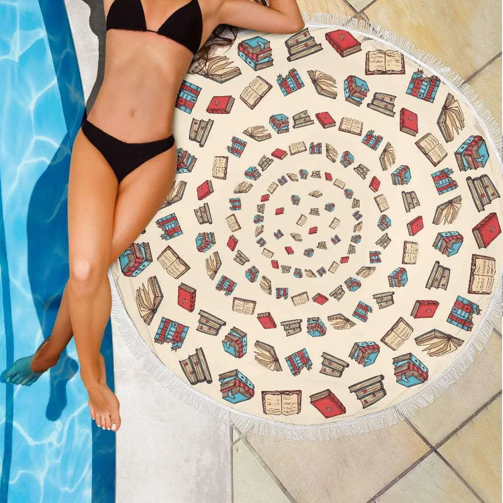 Light Brown Bookish Round Beach Blanket