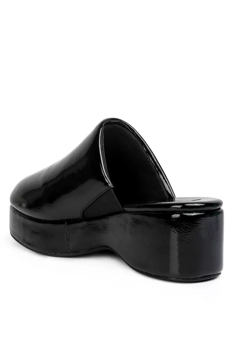 London Rag Black Solid Platform Slip On Mules