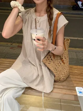 Lu Xiao Tuantuan vertical striped sleeveless shirt 2024 summer new style Korean temperament vacation casual lazy style top