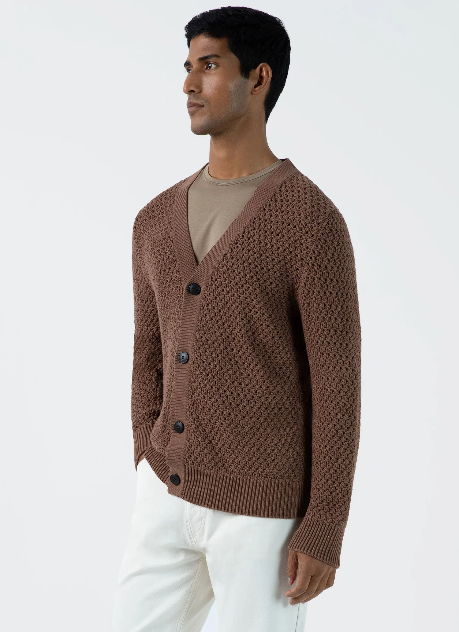 Men's Open Stitch Cardigan in Brown