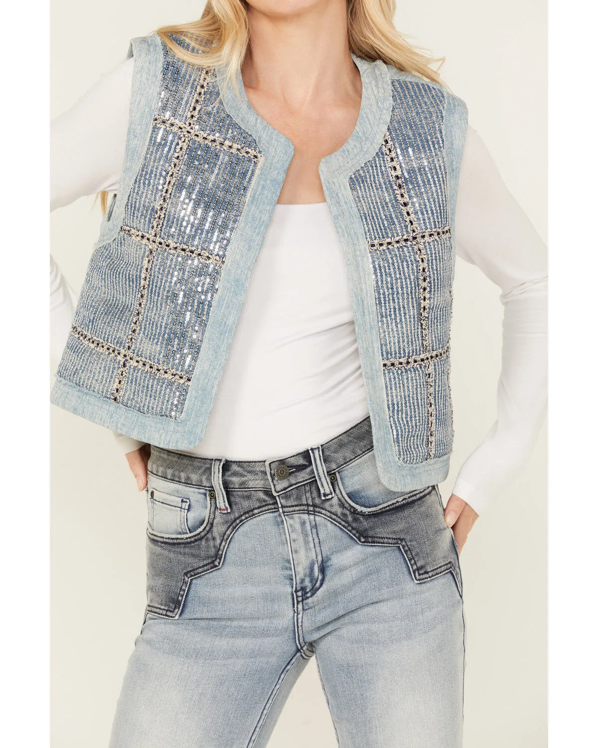 Miss Me Women's Denim Sequins Plaid Vest