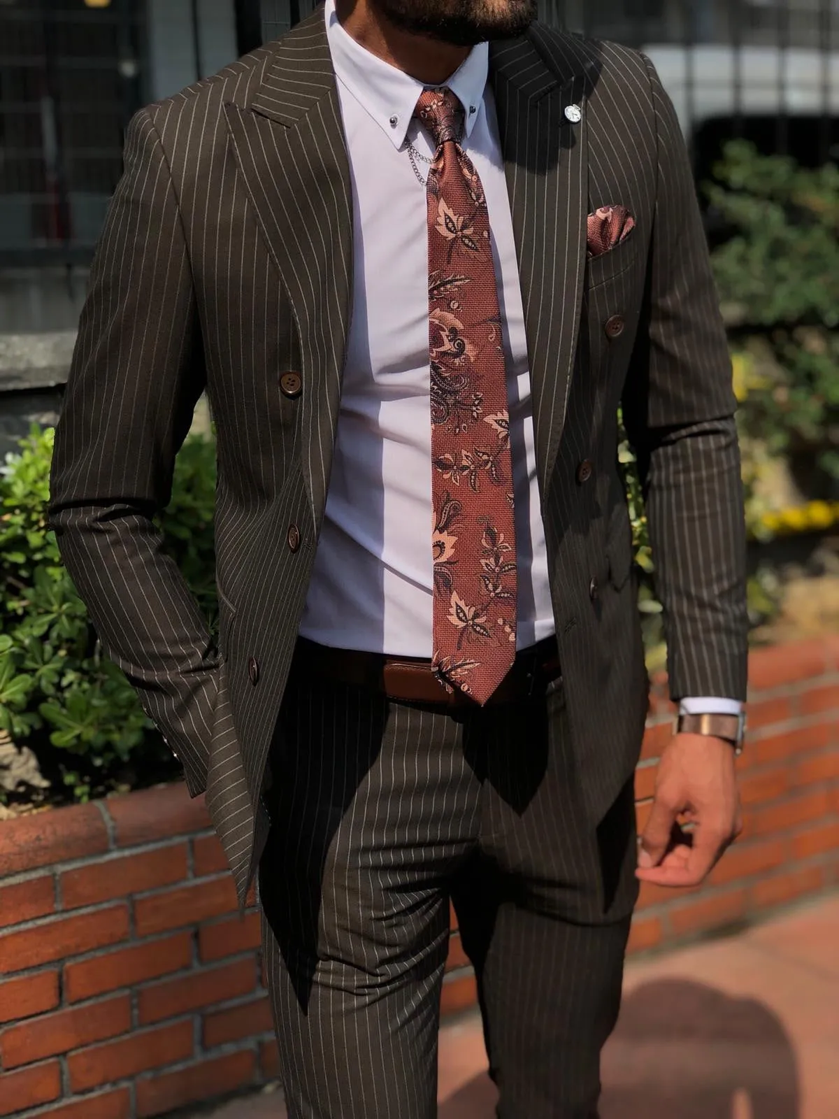 Mustard Slim-Fit Striped Double Breasted Suit Vest Brown