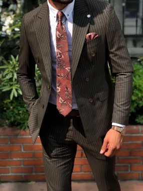 Mustard Slim-Fit Striped Double Breasted Suit Vest Brown