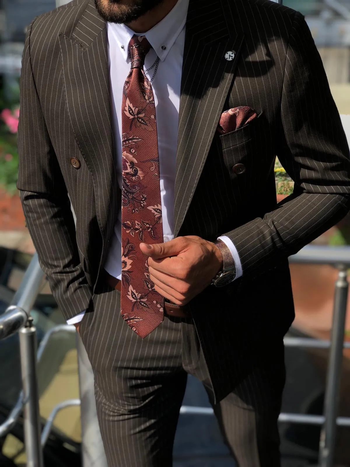 Mustard Slim-Fit Striped Double Breasted Suit Vest Brown