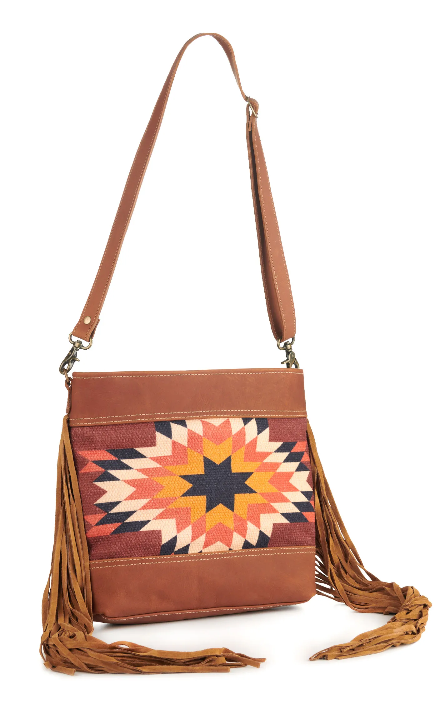 Myra Bag Sedona Star Toasted Cinnamon Leather & Aztec Canvas Fringed Crossbody Bag