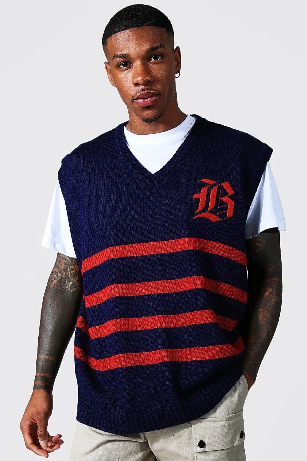 Oversized Gothic B Varsity Knit Stripe Vest | boohooMAN UK