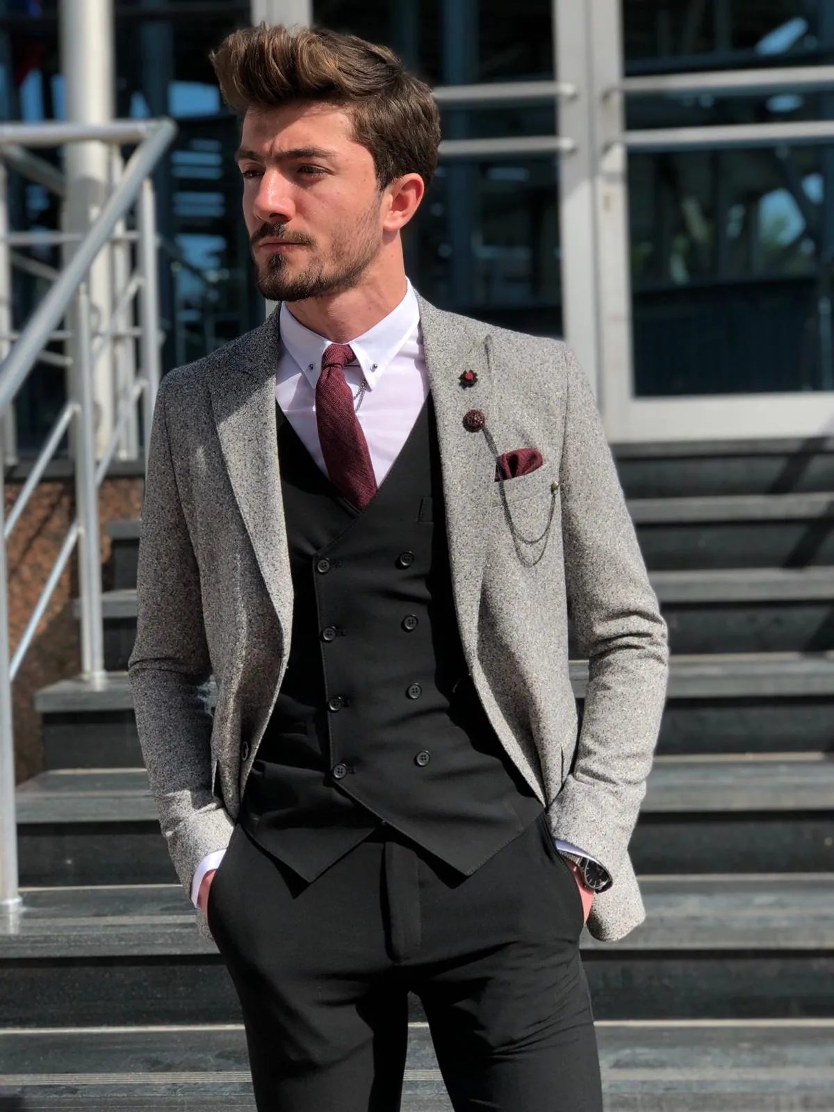 Papuk Slim-Fit Patterned Suit Vest Gray