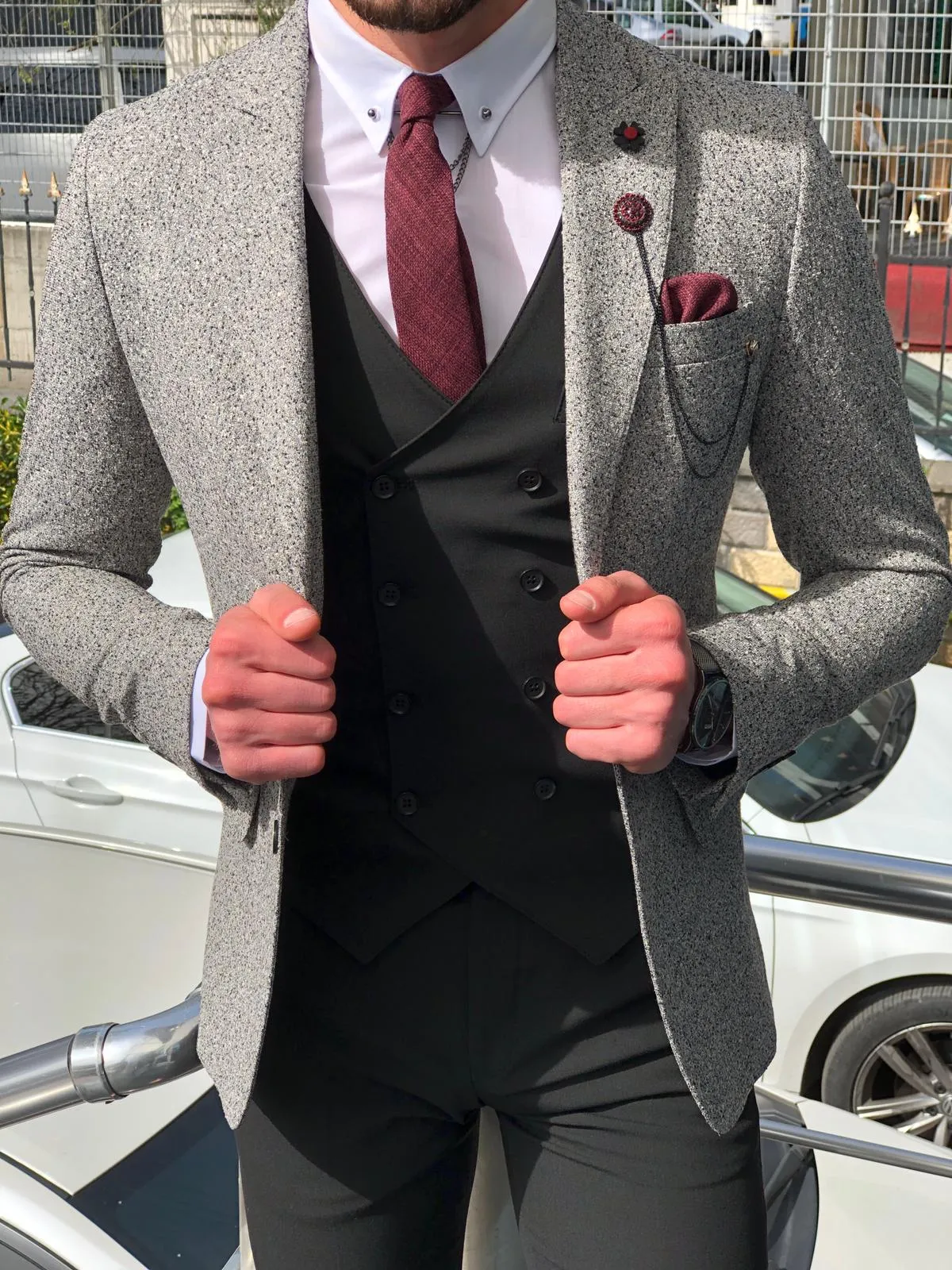 Papuk Slim-Fit Patterned Suit Vest Gray