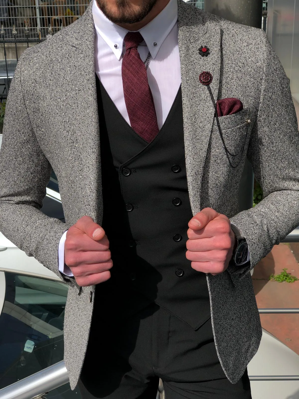 Papuk Slim-Fit Patterned Suit Vest Gray