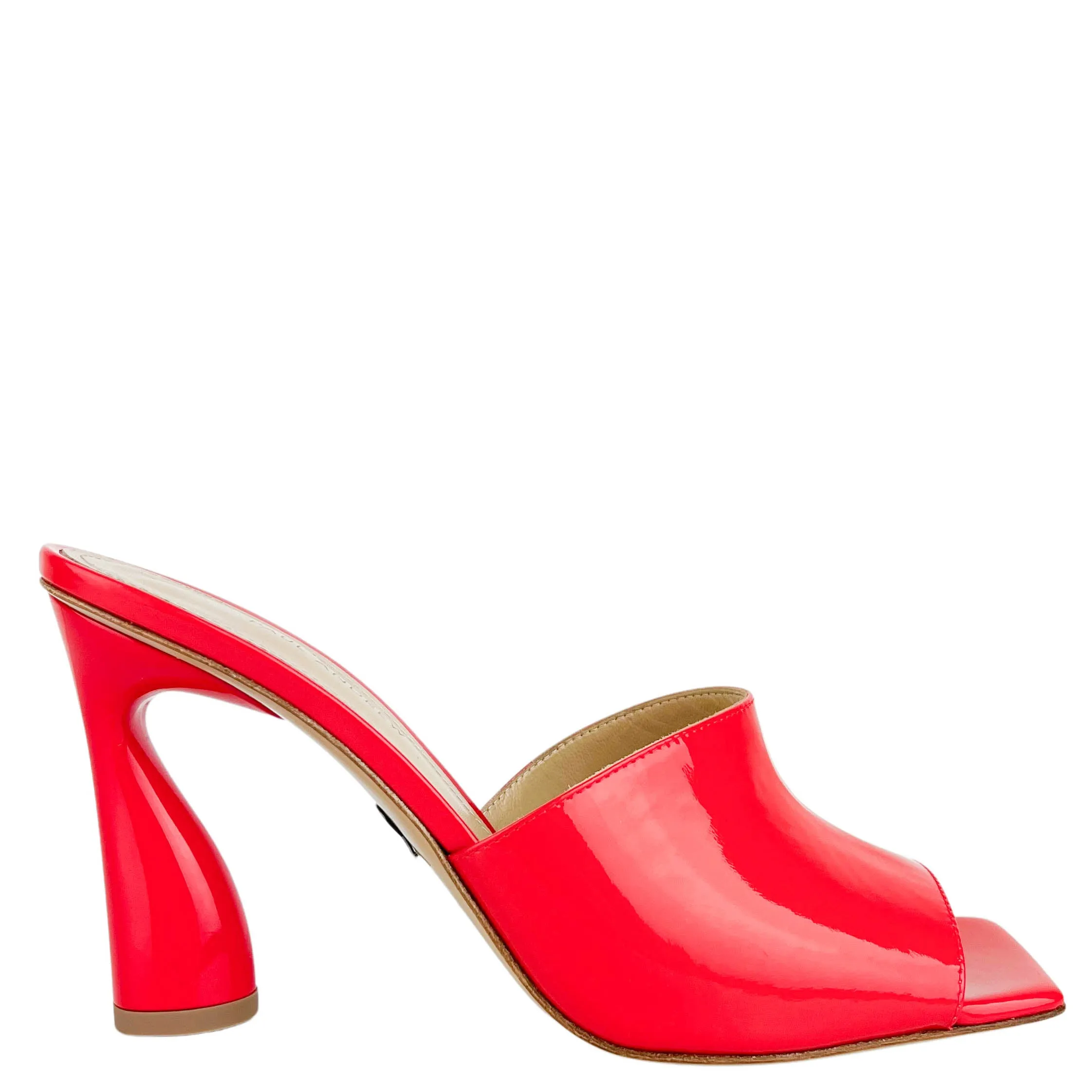 Paul Andrew Arc Patent Leather Mules in Tomato