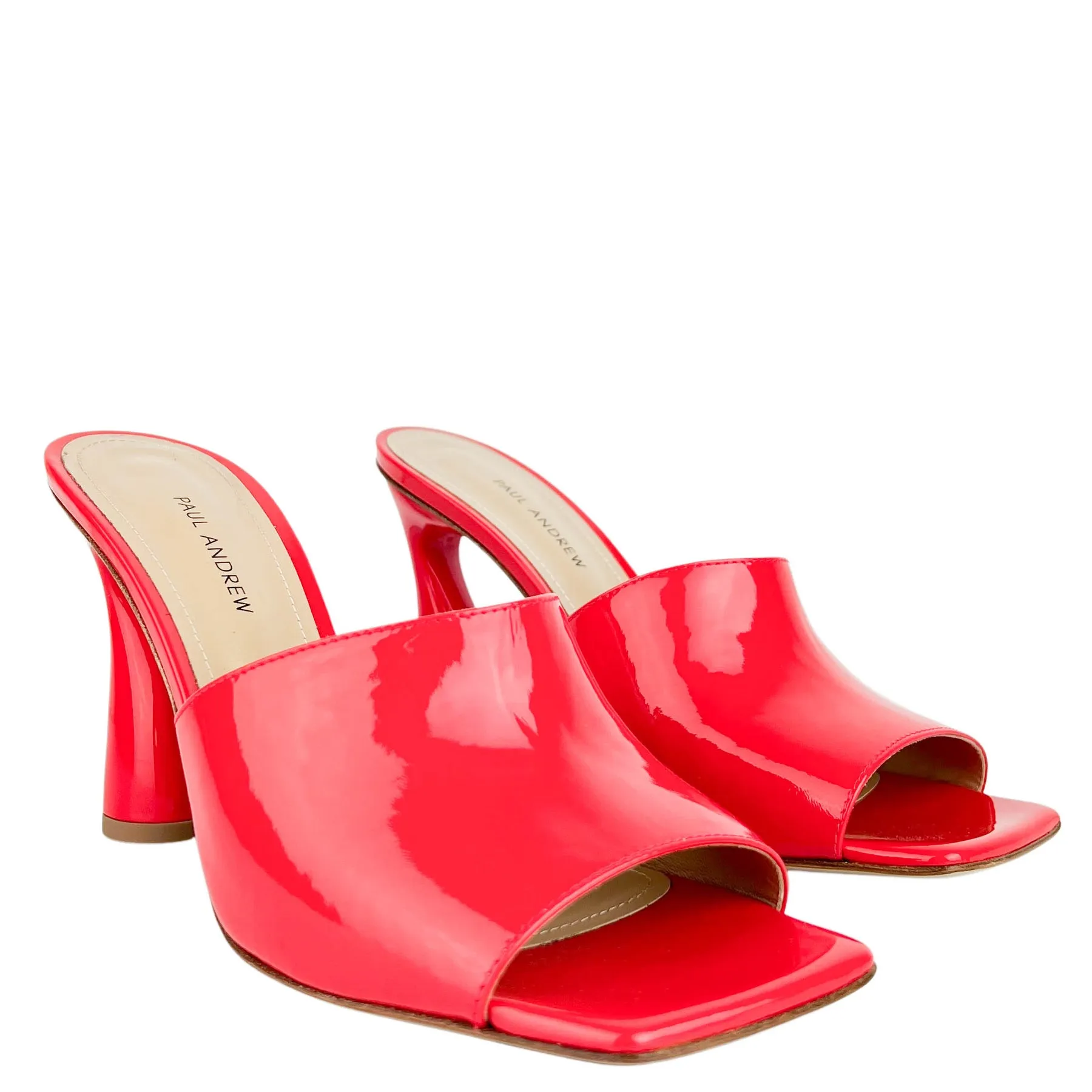 Paul Andrew Arc Patent Leather Mules in Tomato