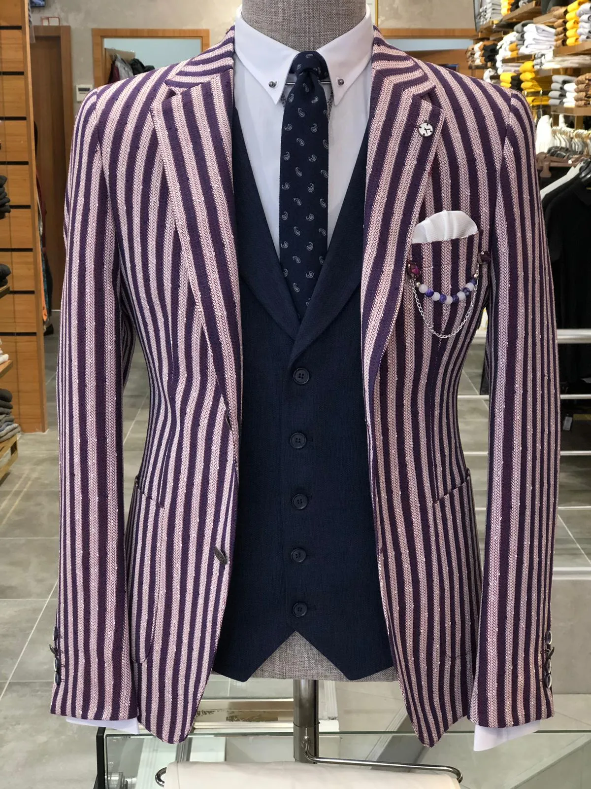 Pinkos Slim-Fit Striped Suit Vest Claret red