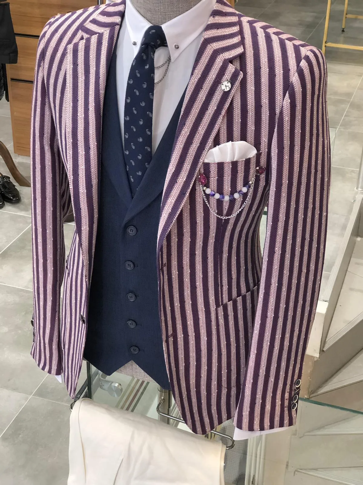 Pinkos Slim-Fit Striped Suit Vest Claret red