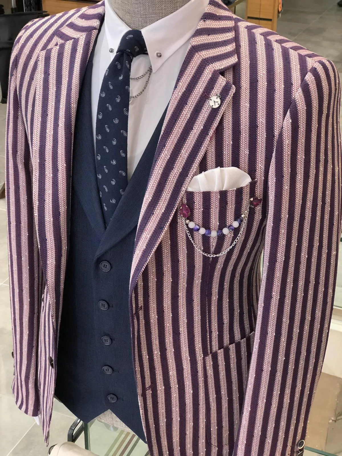 Pinkos Slim-Fit Striped Suit Vest Claret red