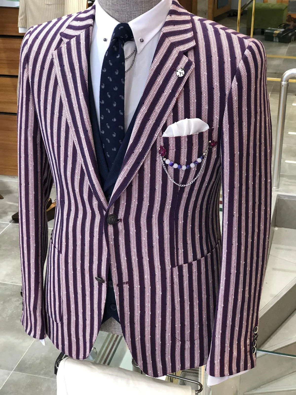 Pinkos Slim-Fit Striped Suit Vest Claret red