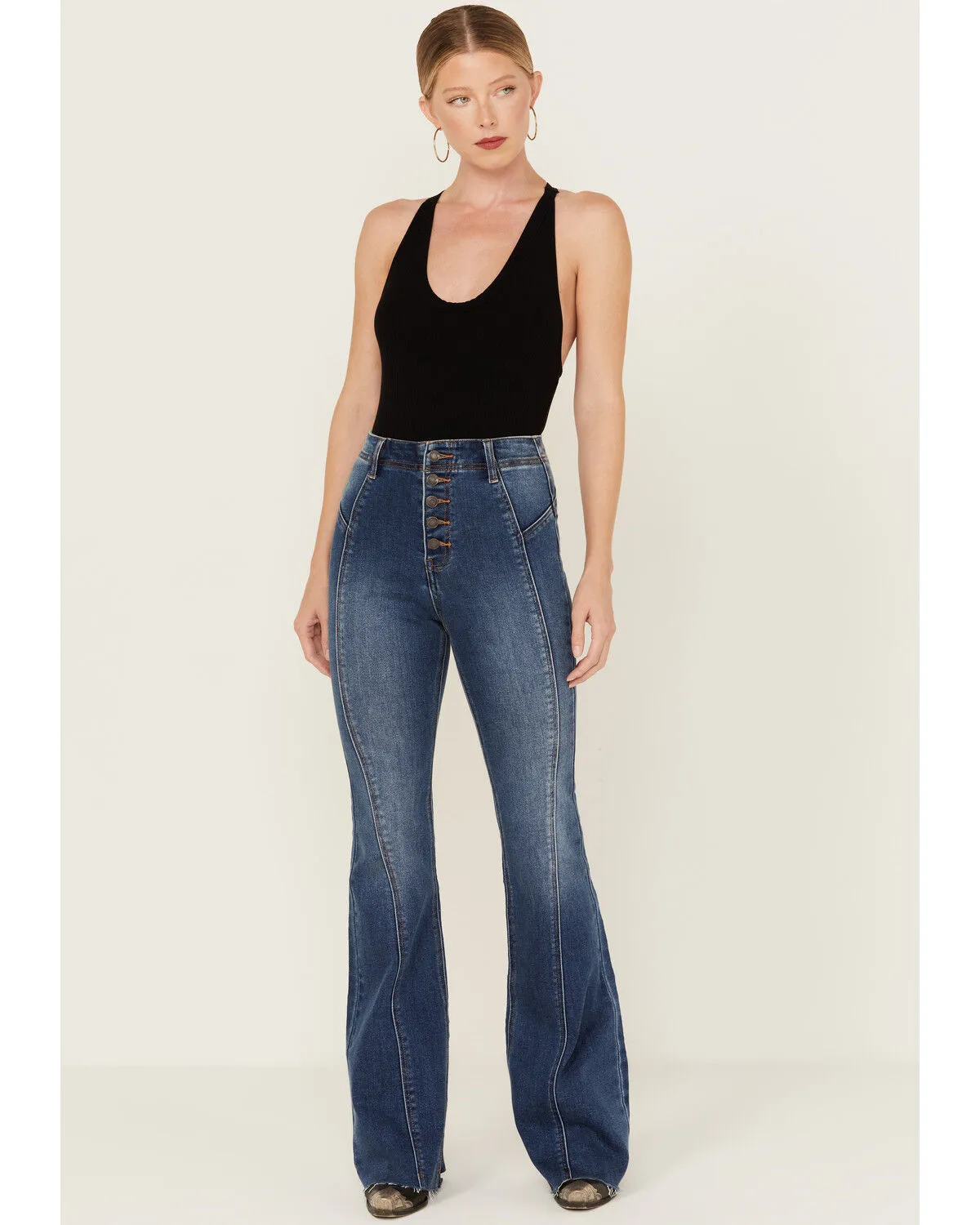 Product Name:  Cello Women's Dark Wash Seam Detail High Rise Stretch Flare Jeans