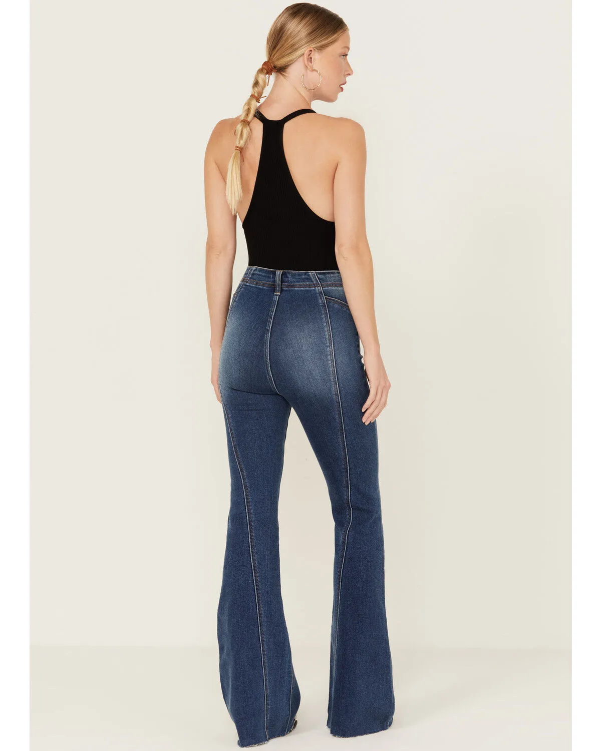 Product Name:  Cello Women's Dark Wash Seam Detail High Rise Stretch Flare Jeans