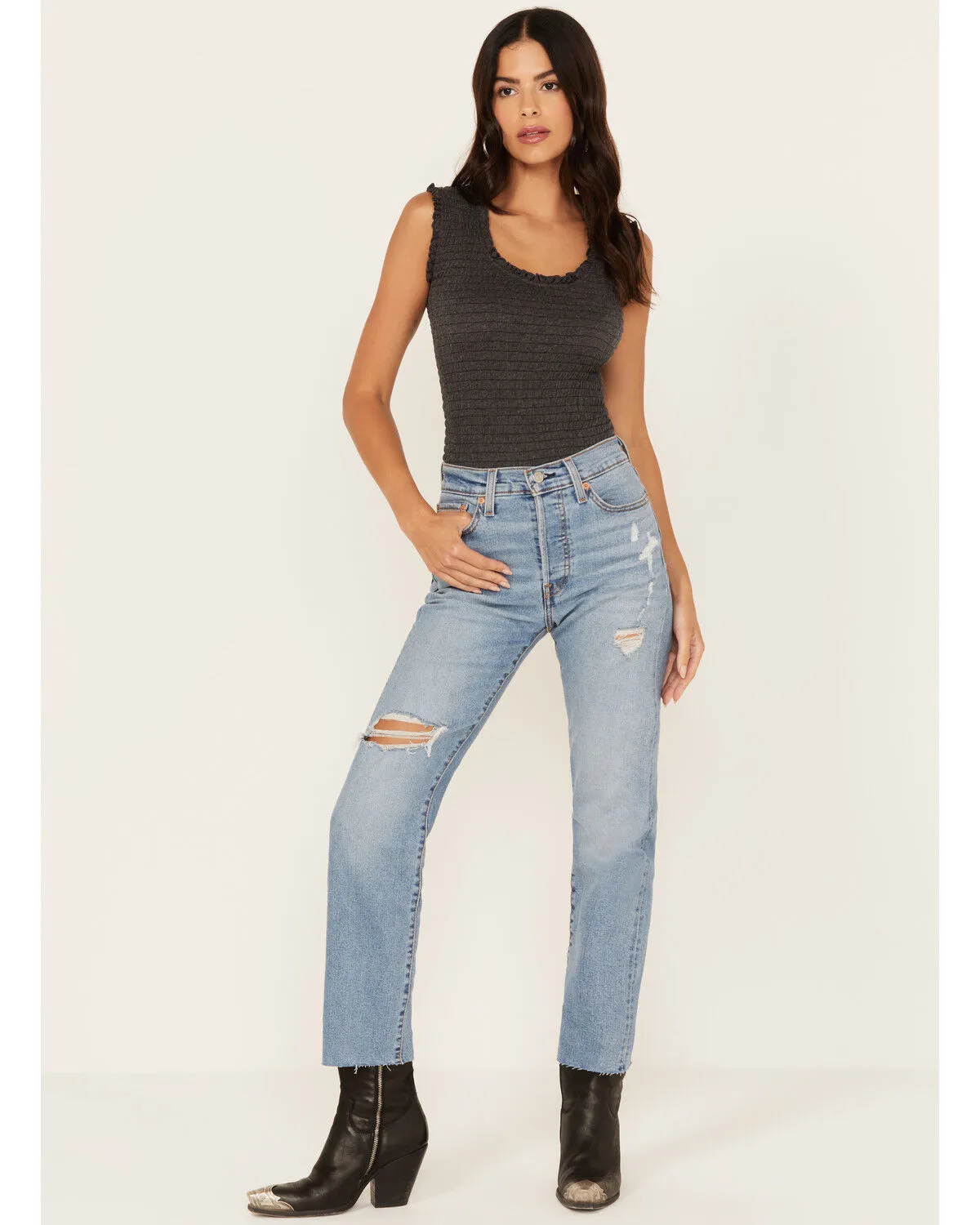 Product Name:  Levi's Women's Medium Wash Destructed Wedgie Stretch Straight Jeans