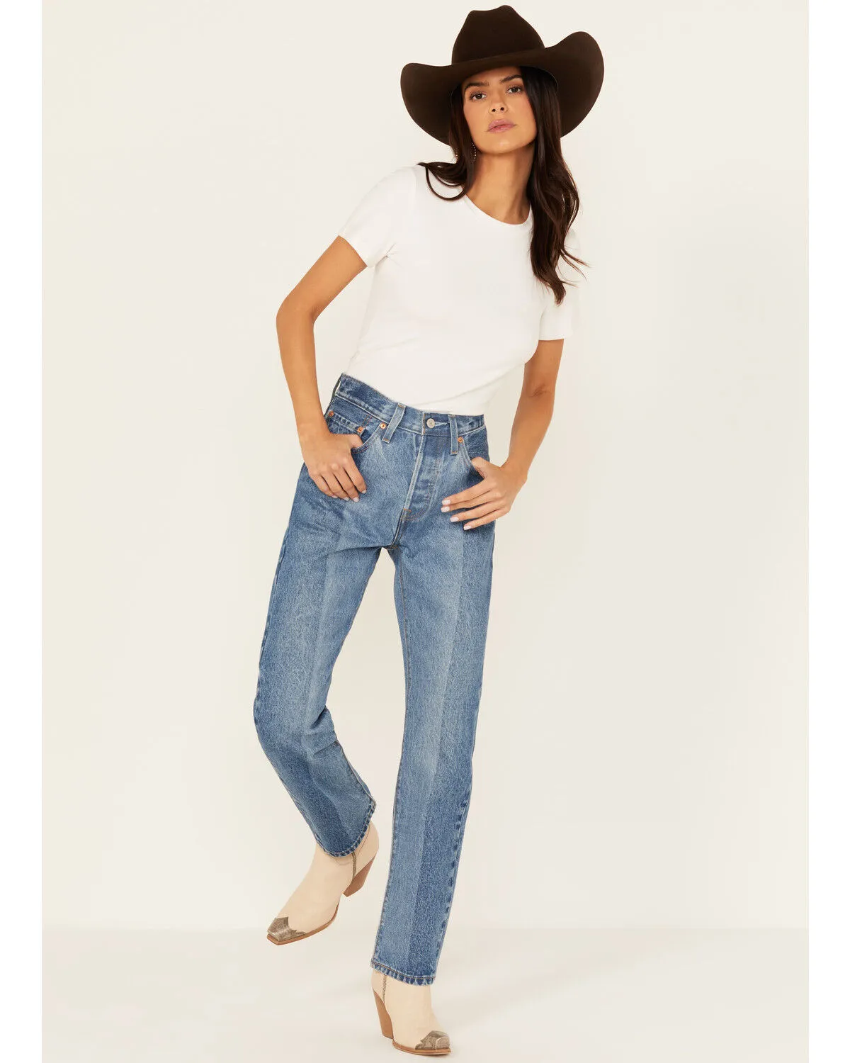 Product Name:  Levi's Women's Medium Wash Laser Craft High Rise Two Toned 501 Straight Jeans