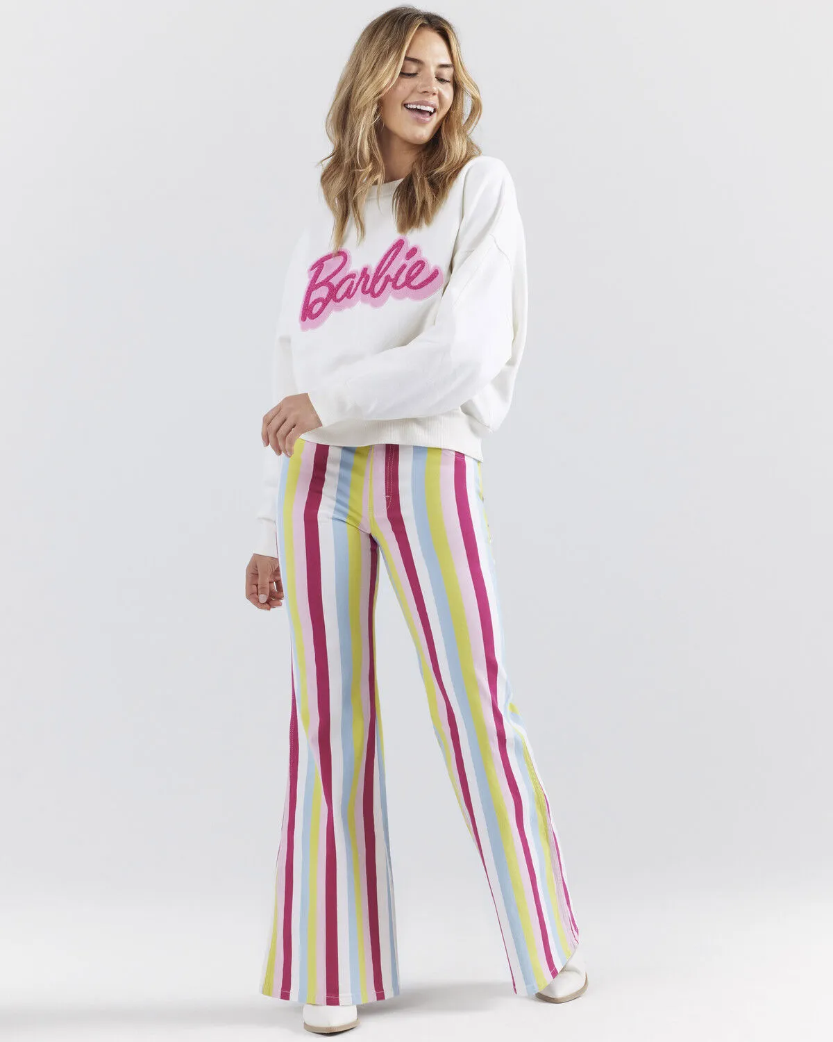 Product Name:  Wrangler® X Barbie™ Women's High Rise Striped Wanderer Stretch Flare Jeans