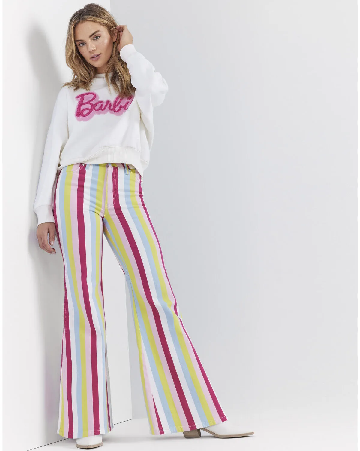 Product Name:  Wrangler® X Barbie™ Women's High Rise Striped Wanderer Stretch Flare Jeans