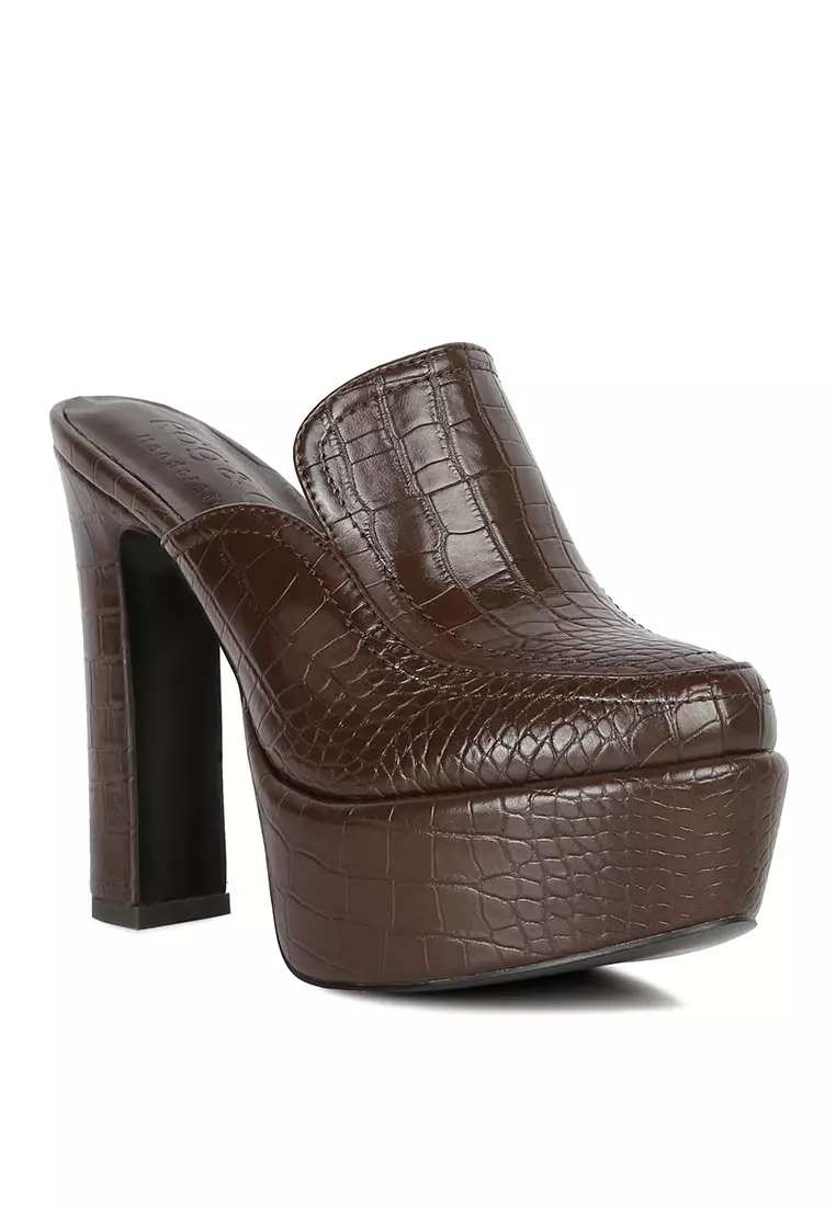 Rag & CO. Brown Croc Pattern Heeled Platform Mules