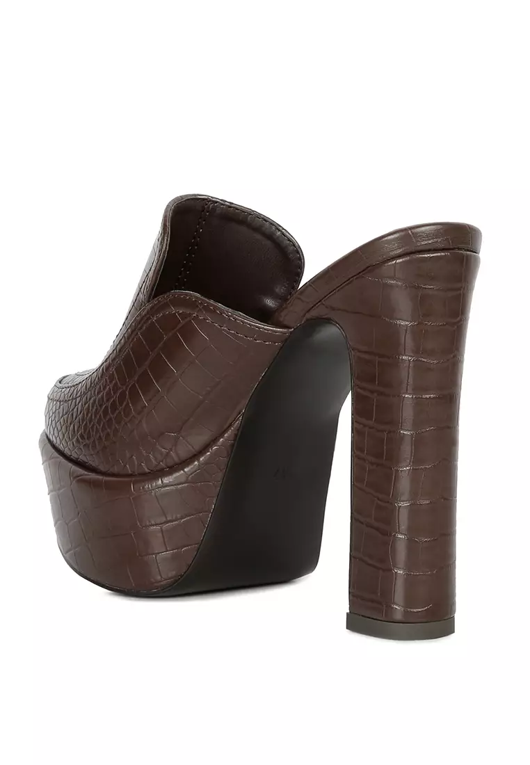 Rag & CO. Brown Croc Pattern Heeled Platform Mules