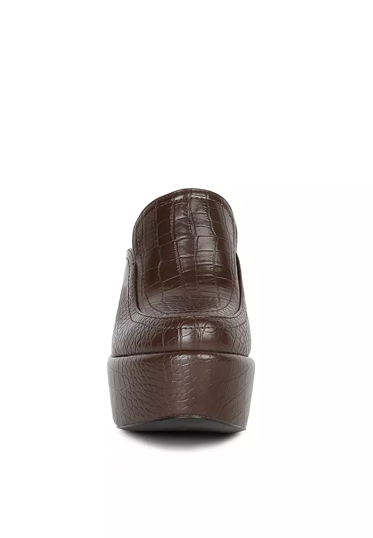 Rag & CO. Brown Croc Pattern Heeled Platform Mules