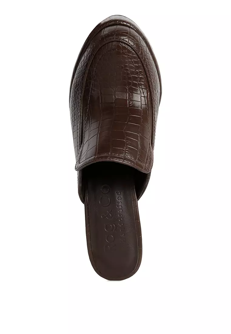 Rag & CO. Brown Croc Pattern Heeled Platform Mules