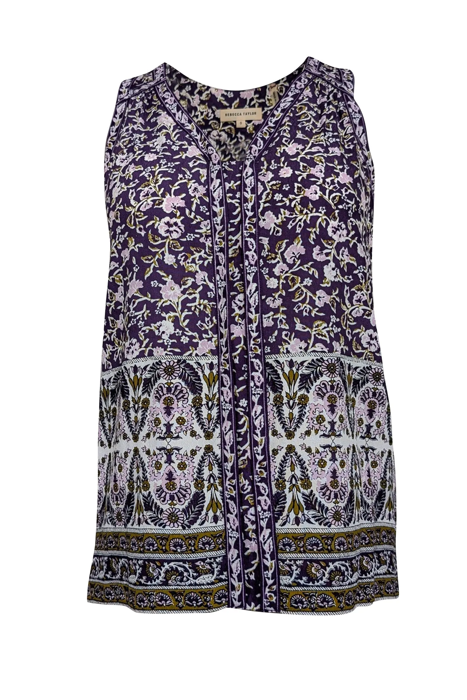 Rebecca Taylor - Purple w/ White & Gold Paisley Print Sleeveless Top Sz 0