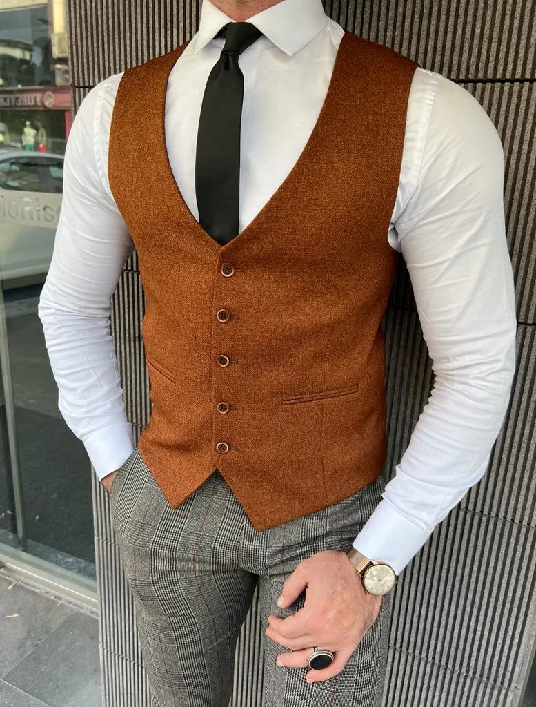 Rick Slim Fit Plaid Camel Vest