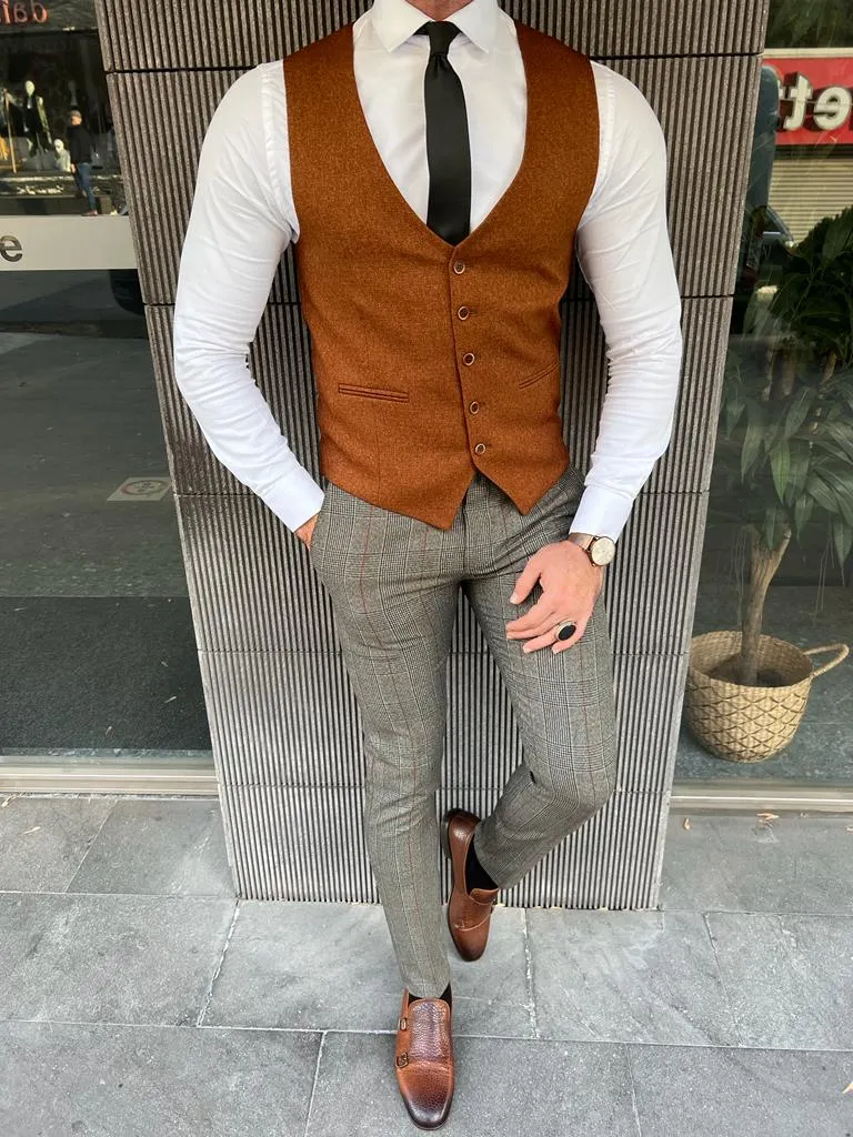 Rick Slim Fit Plaid Camel Vest