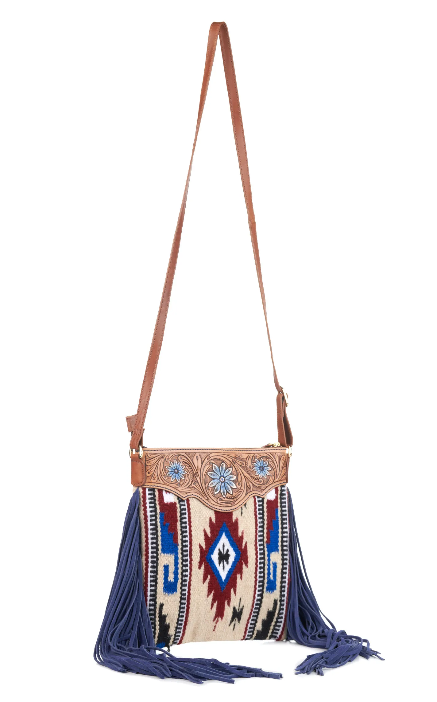 RodeoBar Style Women's Aztec Blanket & Blue Suede Fringed Floral Tooled Crossbody Bag