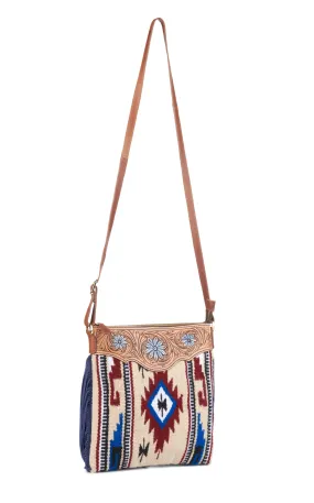 RodeoBar Style Women's Aztec Blanket & Blue Suede Fringed Floral Tooled Crossbody Bag