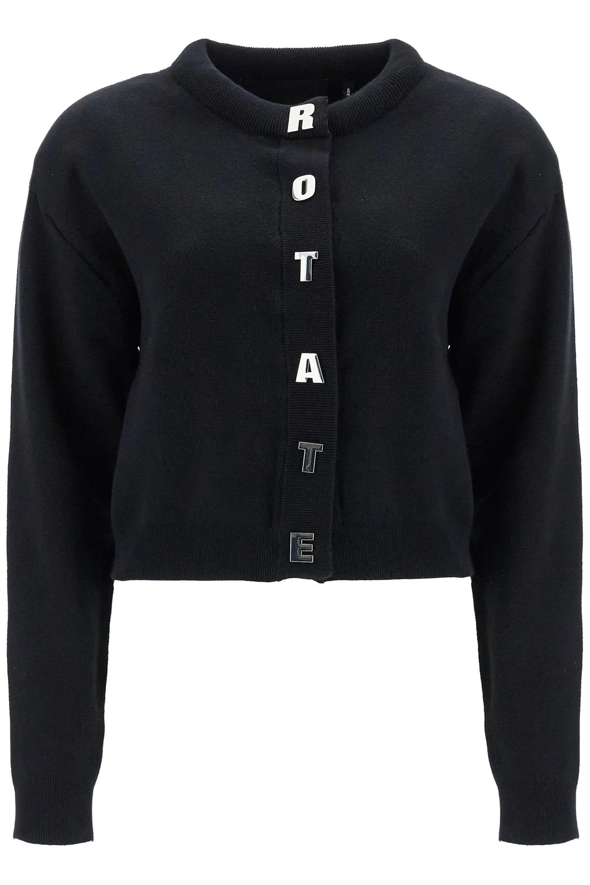 Rotate Black Cotton Crew Neck Cropped Cardigan For Women