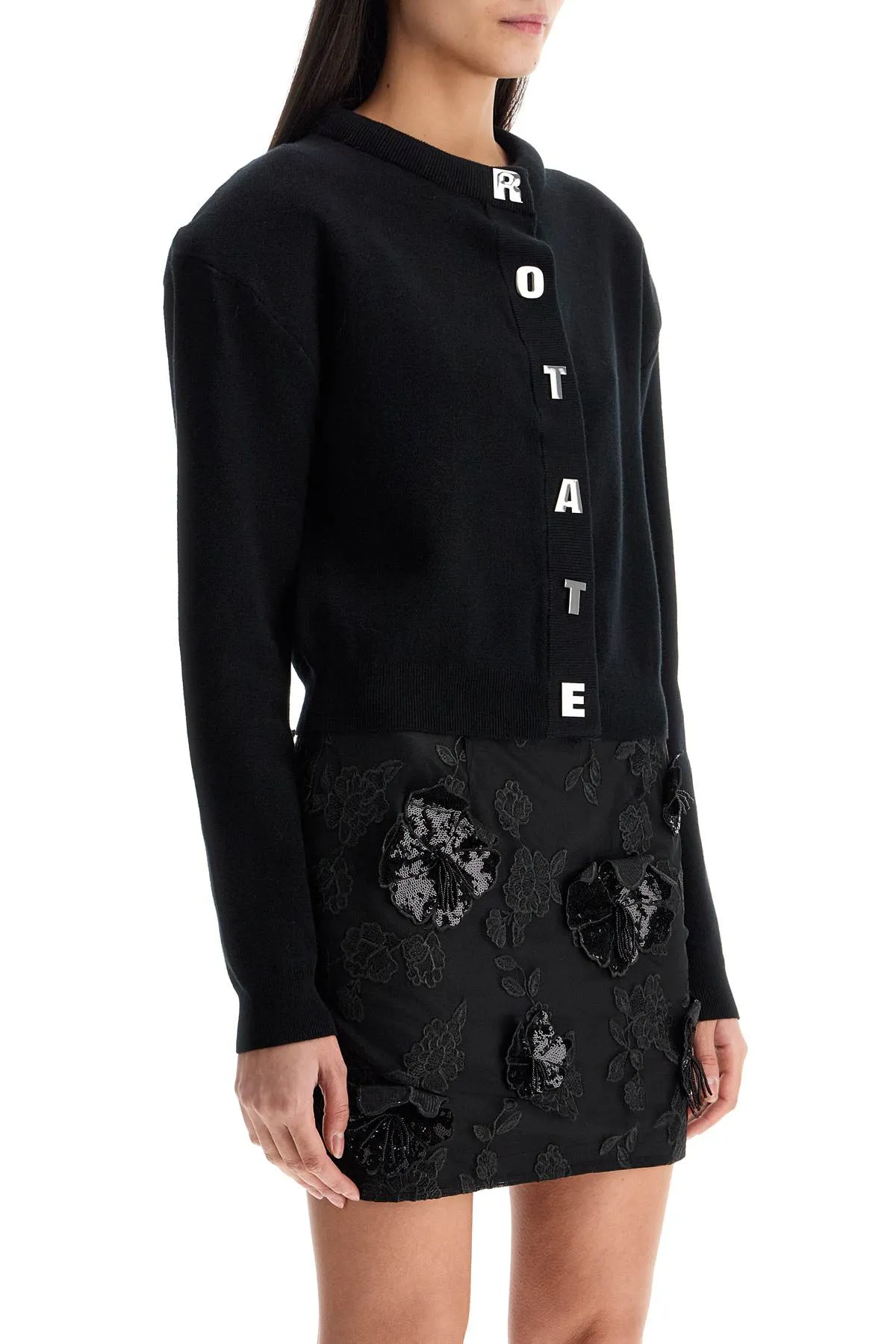 Rotate Black Cotton Crew Neck Cropped Cardigan For Women