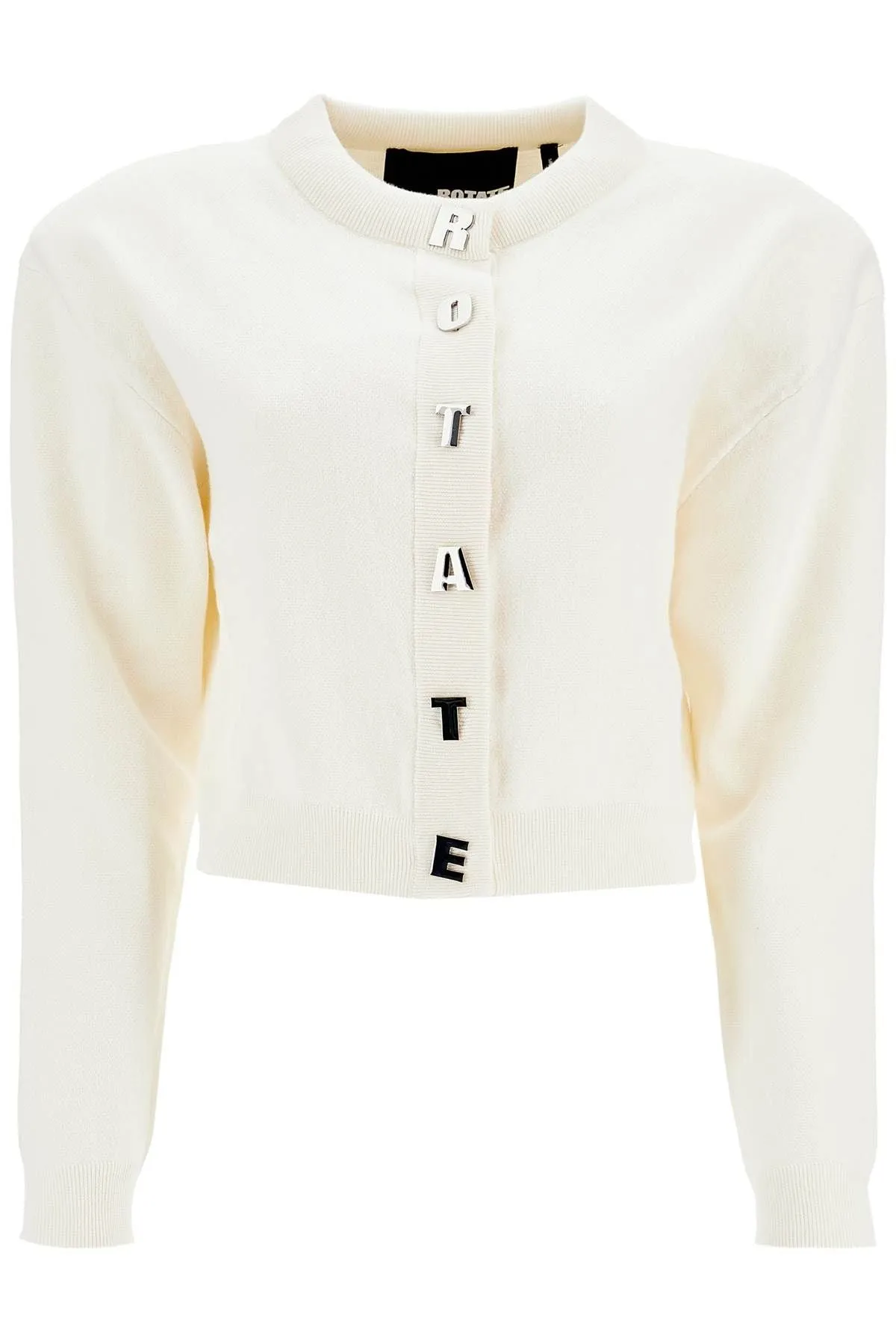 Rotate Ivory White Short Cotton Cardigan With Crew Neck