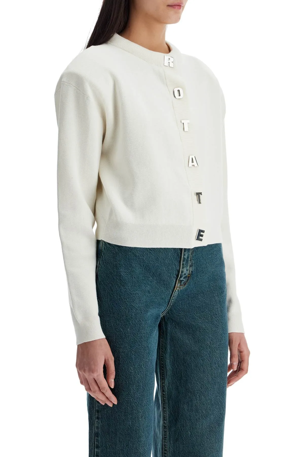 Rotate Ivory White Short Cotton Cardigan With Crew Neck