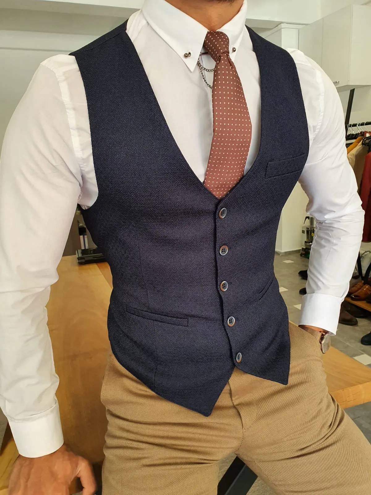 Severi Navy Blue Slim Fit Vest