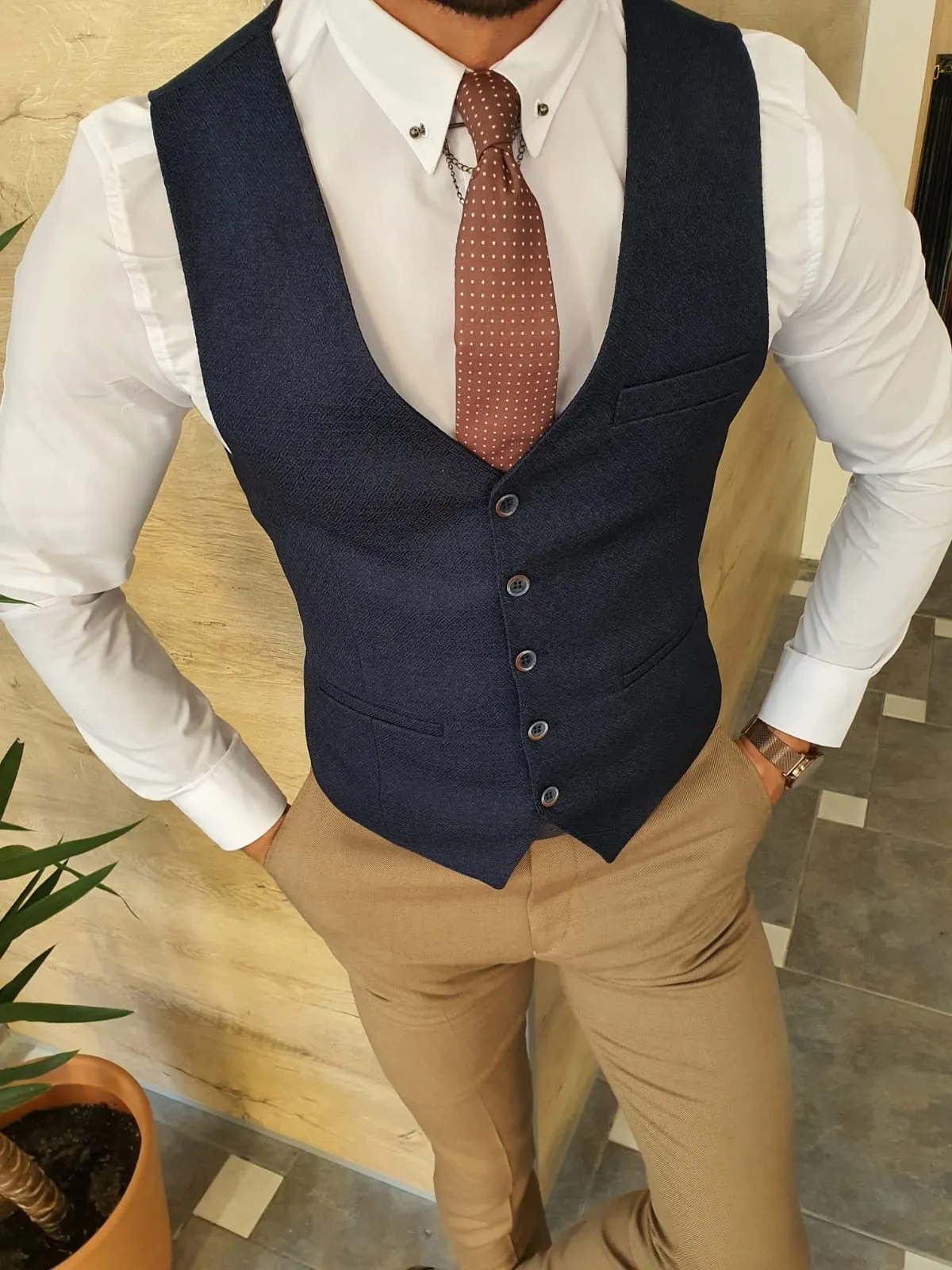 Severi Navy Blue Slim Fit Vest