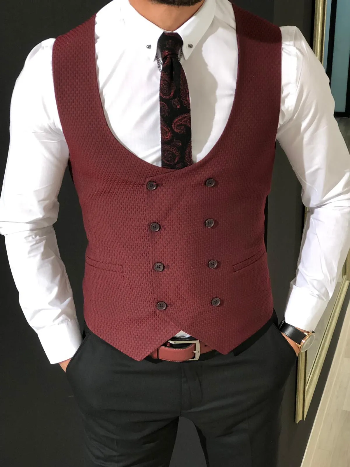 Slim-Fit Double  Breasted Vest Claretred